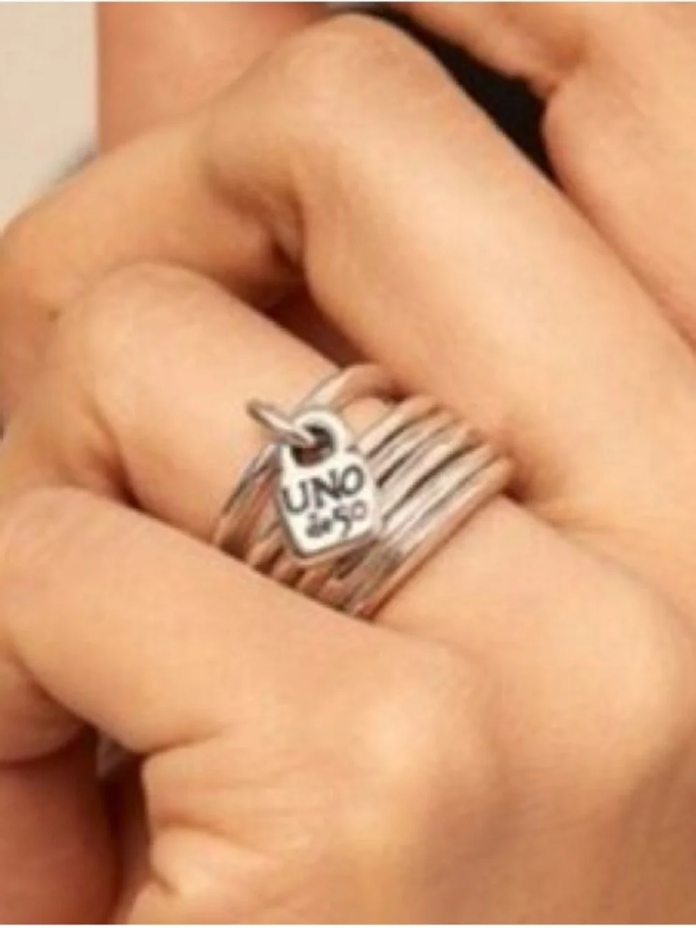 UNO de 50 Silver “prisoner”Multi-Ring Statement with Charm with Gift Pouch